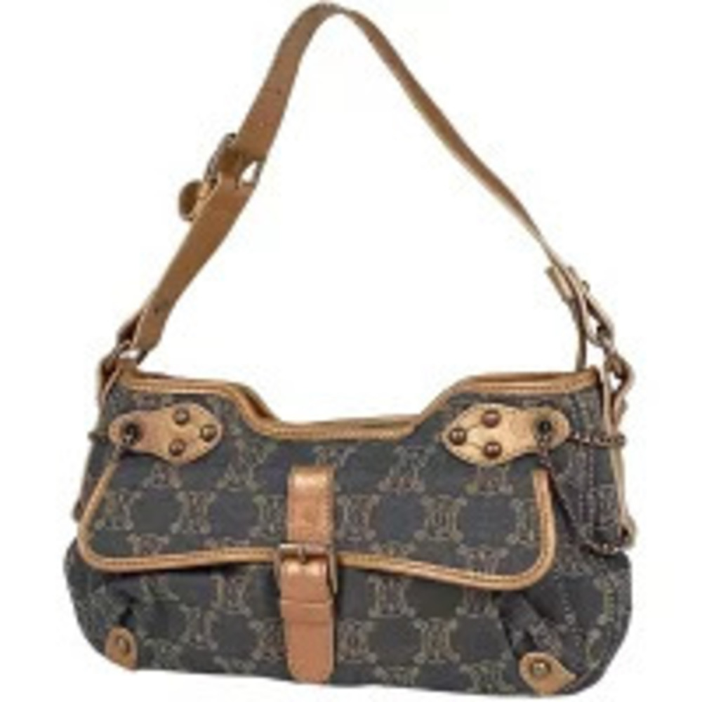 Celine Paris Macadam Shoulder Bag Hobo Glitter Denim Blue Brown